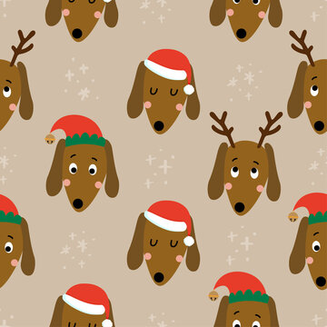 Cute christmas dachshund pattern - Adorable sausage dog characters. Hand drawn doodle set for kids. Good for textiles, nursery, wallpaper, clothes. Woof words. Christmas gift wrapping paper.