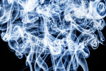 Blue smoke background. Air gas swirl texture. Vapour isolated on black. Mist wave pattern. Steam...