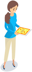 Girl looking at flyer on white background. Work in advertising company, promotion, distribution. Female character is reading leaflet fliers with advertisement. Woman with ad, announcement in her hands