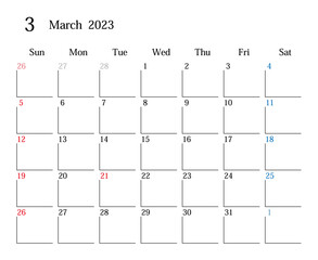 2023年3月、日本のカレンダー