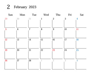 2023年2月、日本のカレンダー