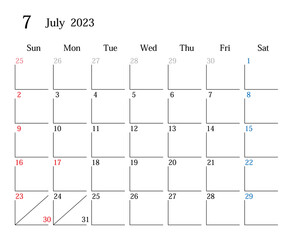 2023年7月、日本のカレンダー