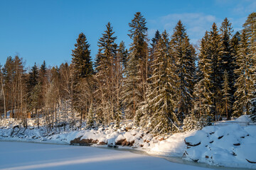 View of the Vuoksi river bank and Mellonlahti nature trail in winter, Imatra, Finland