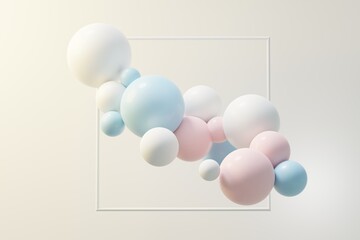 3d render of pastel ball, soaps bubbles, blobs that floating on the air isolated on pastel background. Abstract scene.