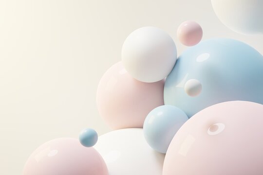 3d render of pastel ball, soaps bubbles, blobs that floating on the air isolated on pastel background. Abstract scene.
