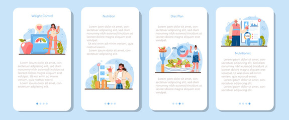 Nutritionist mobile application banner set. Diet therapy with healthy food