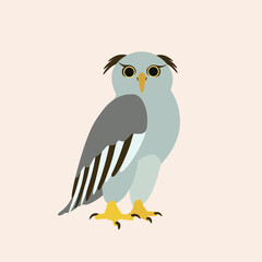 Vector isolated illustration with cute owl in flat simple style on beige background. Children's bright color picture, hand-drawn print. A collection of cartoon kind, smiling bird. Forest predator.