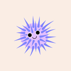 Vector isolated illustration with cute sea ​​urchin in flat simple style on beige background. Children's color picture, hand-drawn print. Cartoon kind, funny, smiling. Delicate, gentle, sea.