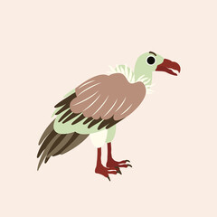Vector isolated illustration with cute predatory bird, vulture in flat simple style on beige background. Children's bright color picture, hand-drawn print. A collection of cartoon kind, funny.