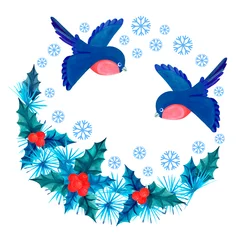 Stof per meter Vlinders Vintage kerstcompositie met vogels en hulstbessen voor print, kaart, verpakking. Gelukkig nieuwjaar, vrolijk kerstfeest. Waterverf