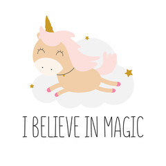 Cute Unicorn in cartoon style. Vector illustration in white background with text . For kids stuff, card, posters, banners, children books and print for clothes, t shirts. Girl print.