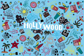 Los Angeles doodle illustration. Hollywood holiday travel flat drawing. Modernf flat LA illustration. Hand sketched poster, banner, postcard, card template for travel company, T-shirt, shirt. Vector