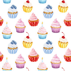 Seamless pattern with watercolor cupcakes isolated on white background. Hand drawn watercolor illustration.