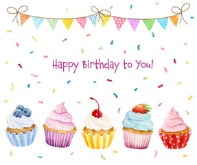 Set of watercolor cupcakes isolated on white background.