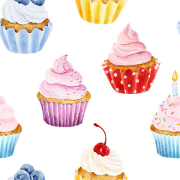 Seamless pattern with watercolor cupcakes isolated on white background. Hand drawn watercolor illustration.