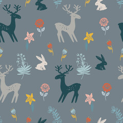 Pattern with cute deers and rabbits on a flower meadow on a 
gray background. Seamless pattern for textiles, typography, for different types of printing.
