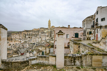 Fototapeta premium View of Matera, an ancient city built into the rock. It is located in the Basilicata region, Italy. 