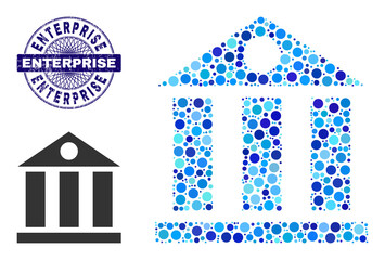 Circle mosaic bank building icon and ENTERPRISE round grunge seal. Violet seal includes ENTERPRISE title inside circle and guilloche style. Vector mosaic is based on bank building icon,