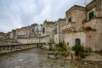 Fototapeta na wymiar A street in Matera, an ancient city built into the rock. It is located in the Basilicata region. 