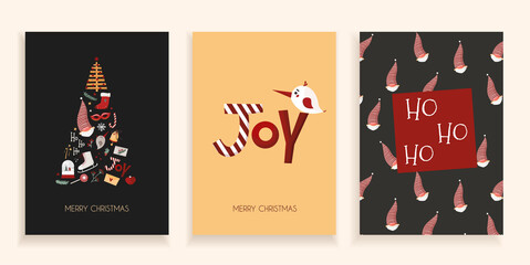 Christmas card collection in trending cute style with santa, christmas tree and lettering. Vector stock illustration