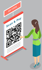 Woman uses smartphone scanning qr code. QR code verification technology for online payment. Scanning barcode to pay concept. Female character looking at barcode for phone camera recognition