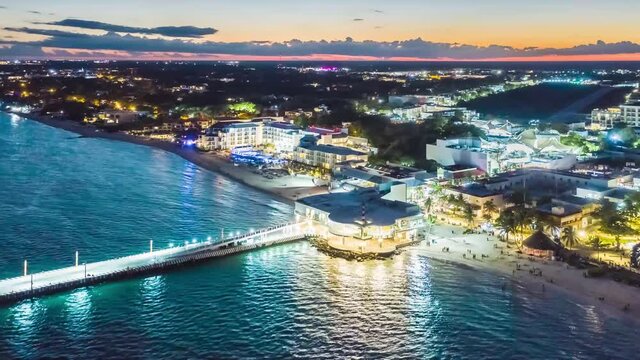 Mexico, Sunset in Playa Del Carmen, Quintana Roo, Mexico, night hyperlapse, drone images