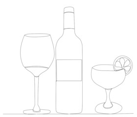 bottle with glass, continuous line drawing, sketch, vector