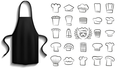 Fototapeta Black aprons near cooking symbols. Clothes for work in kitchen, protective element of clothing for cooking. Chef clothing with long straps. Aprons next to icons of kitchen utensil, toque obraz