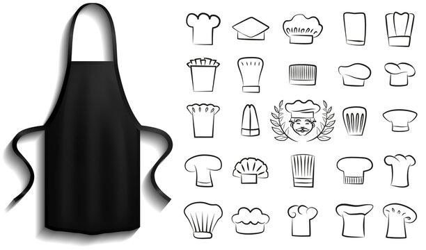 Black aprons near cooking symbols. Clothes for work in kitchen, protective element of clothing for cooking. Chef clothing with long straps. Aprons next to icons of kitchen utensil, toque