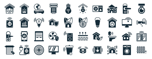 set of 40 filled smart home web icons in glyph style such as alarm system, smart plug, locking, jalousie automation, smart television, security camera, illumination icons isolated on white