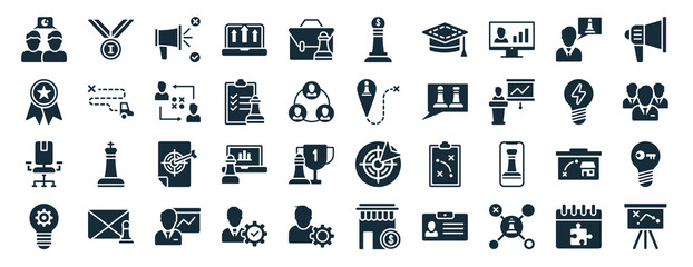 set of 40 filled strategy web icons in glyph style such as medal?, award?, desk chair?, idea?, creative?, speaker?, investment? icons isolated on white background
