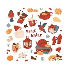 Winter time. Big set. Holidays, weekends, Christmas, New Year. Candy, caramel, chocolate, cookies, cream, cake. Warm clothes, mittens, hat, sweater. Bullfinch. Isolated vector colorful element. 