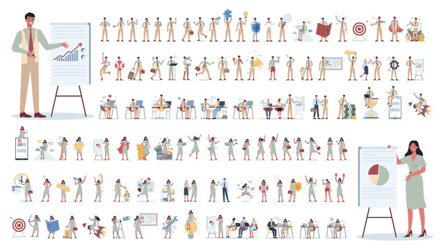 Businessman and businesswoman. Office worker character with various poses