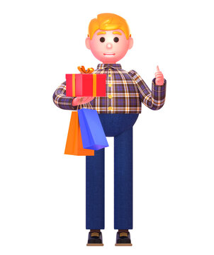 3d render of man with gift box and shopping bags showing thumb up gesture. Birthday party, celebration, birthday poster, surprise, gift, present