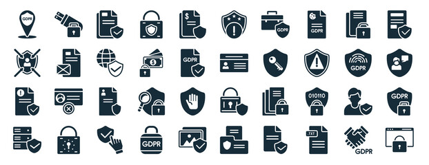 set of 40 filled gdpr web icons in glyph style such as pendrive, decision making, complaint, data storage, fingerprint, plain, alert icons isolated on white background