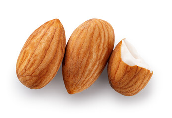 Almond isolated. Almonds on white background. Two almonds and a half top view. With clipping path. Full depth of field.