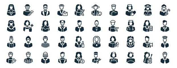 set of 40 filled professions web icons in glyph style such as lumberjack, secretary, director, mechanical engineer, mathematician, pensioner, fisherman icons isolated on white background
