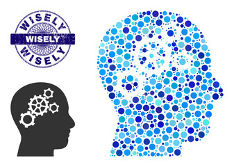 Round dot composition brain gears icon and WISELY round rubber stamp seal. Blue stamp seal includes WISELY caption inside circle and guilloche structure. Vector mosaic is based on brain gears icon,