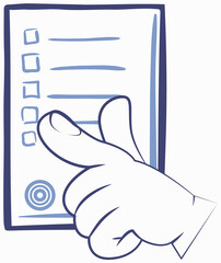 Human hand pointing to checklist icon, paper board with note or test. Clipboard and check marcs flat style design. Check list minimal single linear icon for application and info graphic points line