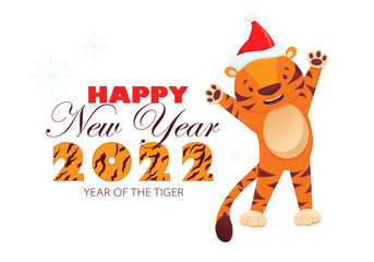 Cute tiger cub in a flat style with a congratulation on an isolated white background. Vector poster with cartoon tiger. Happy Chinese New Year 2022. Cartoon Tiger.