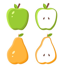 Apple and pear vector icon illustration. Set of green and yellow halves of fruits with leaf. Flat cartoon style for web landing page, banner, flyer, sticker, card. Vector illustration