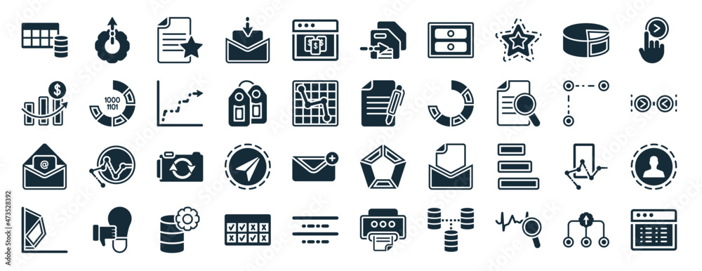 Wall mural set of 40 filled user interface web icons in glyph style such as upload up, increasing stocks, open 