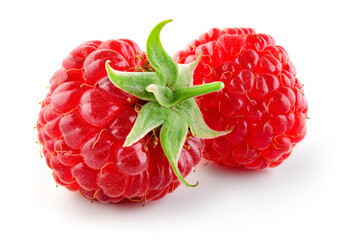 Raspberry isolated. Two red raspberries with green leaf isolate. Raspberry with leaves isolated on...