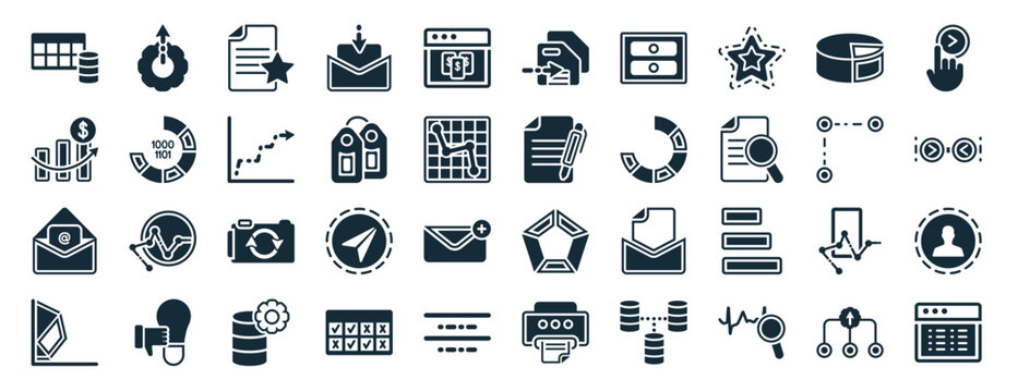 set of 40 filled user interface web icons in glyph style such as upload up, increasing stocks, open mail, polygonal chart of triangles, data connection, slide right, play files icons isolated on