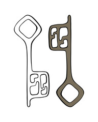 Key old vintage hand drawn style doodle, outline black silhouette, isolated, white background.