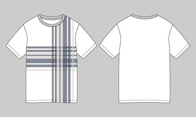 Regular fit Short sleeve  T-shirt technical Sketch fashion Flat Template With Round neckline and Chest Stripe Front and back view. Vector illustration basic apparel design CAD.