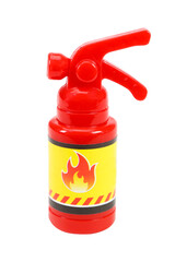 Red toy fire extinguisher on a white background, isolated image