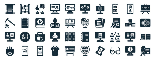 set of 40 filled e learning and education web icons in glyph style such as abacus, geology, online class, pencil box, school, chalkboard, abc icons isolated on white background
