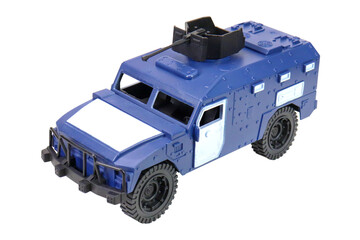 Toy blue police car with a gun on a white background, isolated image