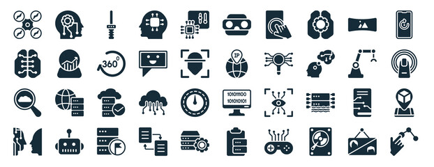 set of 40 filled augmented reality web icons in glyph style such as network, cookies, rearview mirror, turing test, mechanical arm, rotation, stereoscope icons isolated on white background